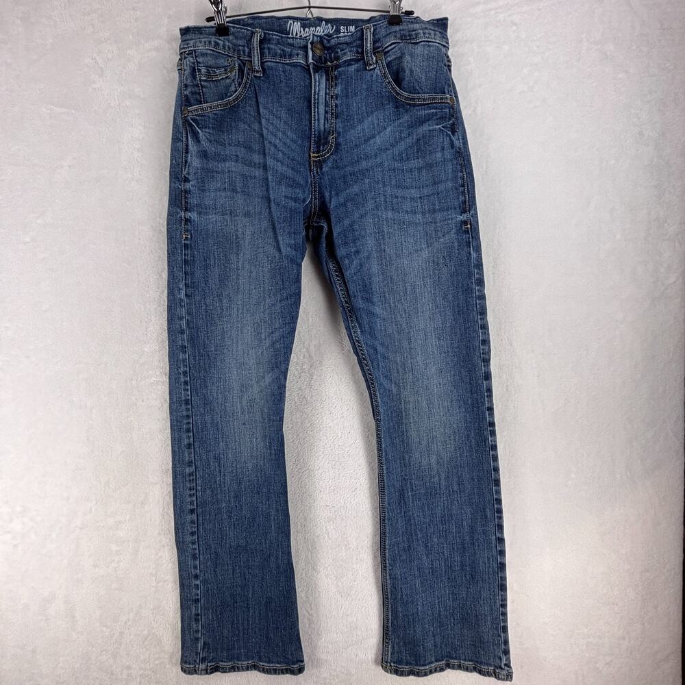 Wrangler Retro Slim Boot Jeans Mens 35x32 Blue Whiskered Denim Cowboy Rodeo
